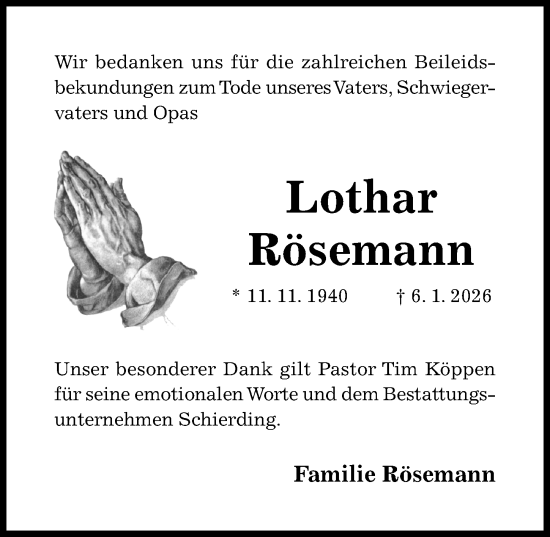 Traueranzeige von Lothar Rösemann von Hildesheimer Allgemeine Zeitung