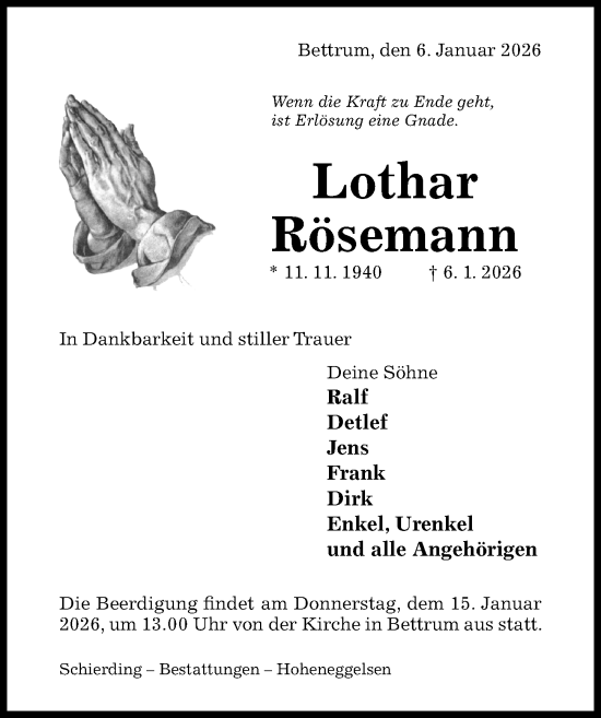 Traueranzeige von Lothar Rösemann von Hildesheimer Allgemeine Zeitung