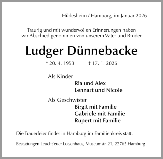 Traueranzeige von Ludger Dünnebacke von Hildesheimer Allgemeine Zeitung