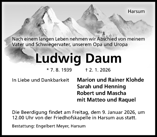 Traueranzeige von Ludwig Daum von Hildesheimer Allgemeine Zeitung