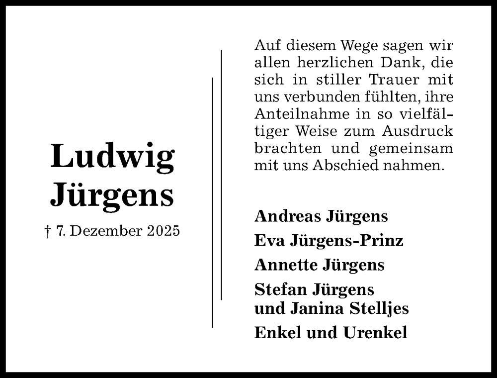  Traueranzeige für Ludwig Jürgens vom 10.01.2026 aus Hildesheimer Allgemeine Zeitung