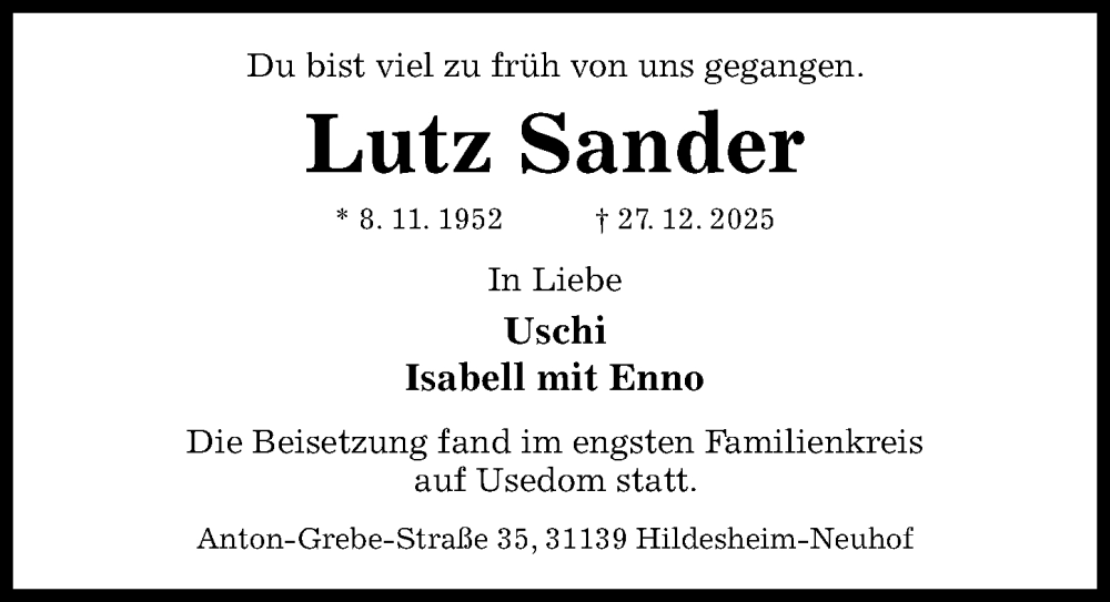  Traueranzeige für Lutz Sander vom 31.01.2026 aus Hildesheimer Allgemeine Zeitung