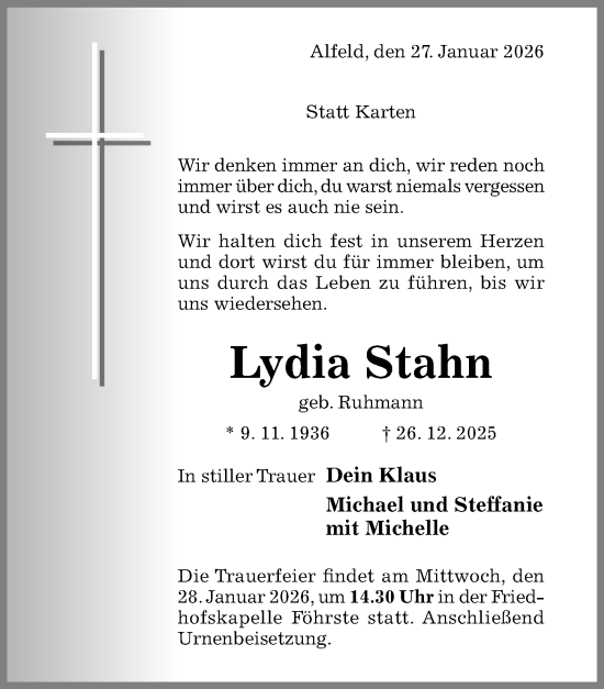 Traueranzeige von Lydia Stahn von Hildesheimer Allgemeine Zeitung