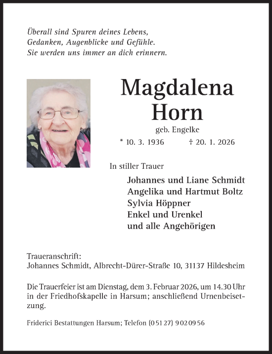 Traueranzeige von Magdalena Horn von Hildesheimer Allgemeine Zeitung