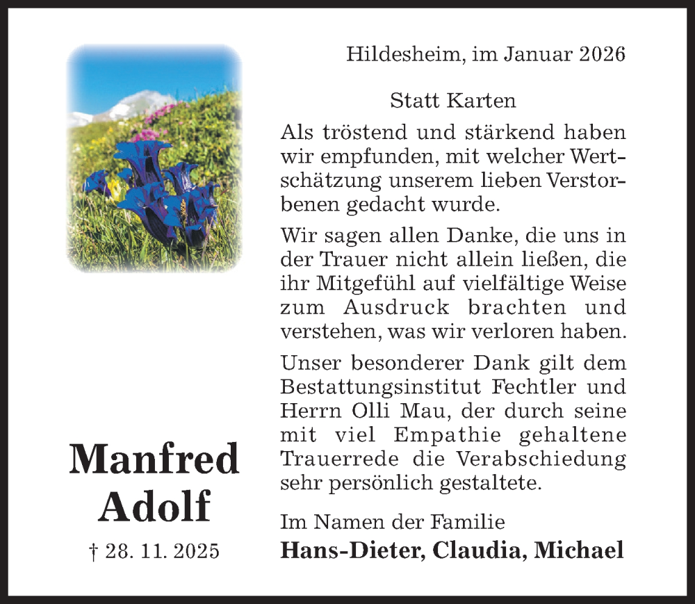 Traueranzeige für Manfred Adolf vom 14.01.2026 aus Hildesheimer Allgemeine Zeitung