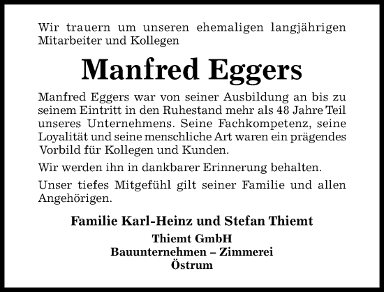 Traueranzeige von Manfred Eggers von Hildesheimer Allgemeine Zeitung