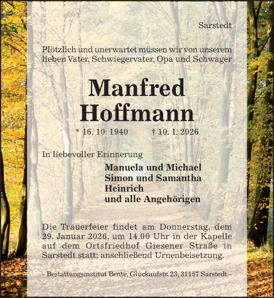Traueranzeige von Manfred Hoffmann von Hildesheimer Allgemeine Zeitung