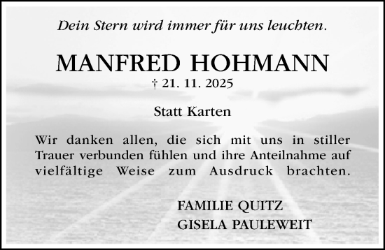 Traueranzeige von Manfred Hohmann von Hildesheimer Allgemeine Zeitung