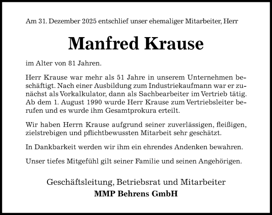 Traueranzeige von Manfred Krause von Hildesheimer Allgemeine Zeitung