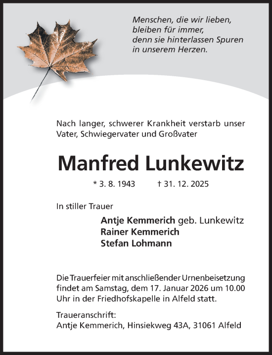 Traueranzeige von Manfred Lunkewitz von Hildesheimer Allgemeine Zeitung