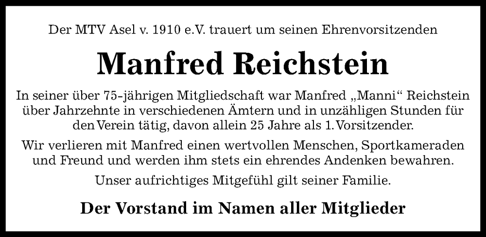  Traueranzeige für Manfred Reichstein vom 07.01.2026 aus Hildesheimer Allgemeine Zeitung