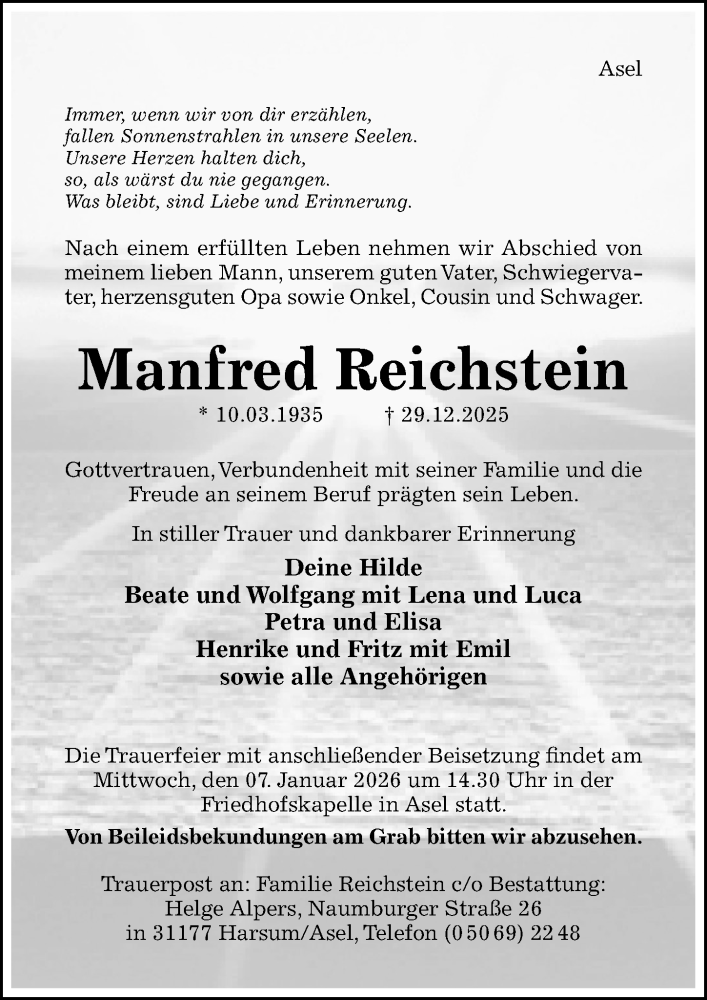  Traueranzeige für Manfred Reichstein vom 03.01.2026 aus Hildesheimer Allgemeine Zeitung