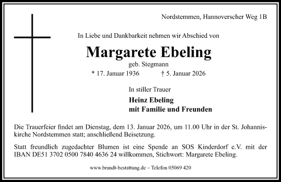 Traueranzeige von Margarete Ebeling von Hildesheimer Allgemeine Zeitung