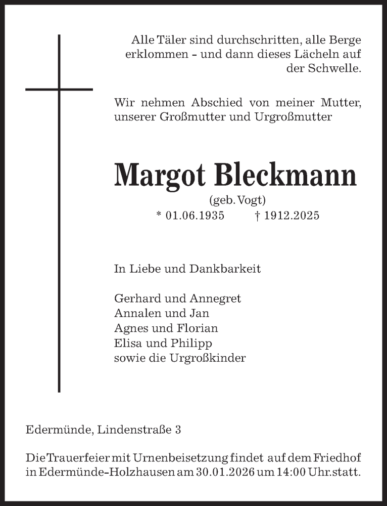  Traueranzeige für Margot Bleckmann vom 17.01.2026 aus Hildesheimer Allgemeine Zeitung