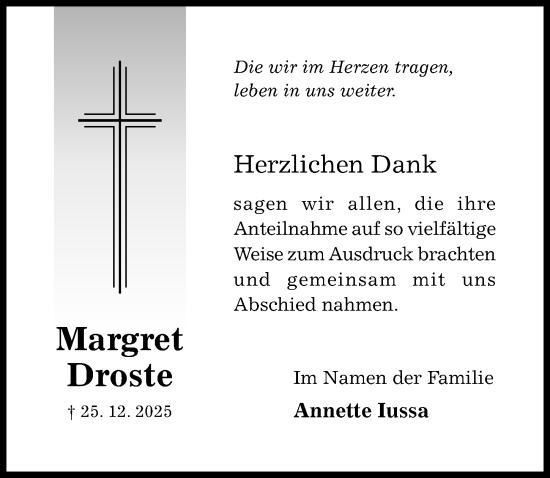 Traueranzeige von Margret Droste von Hildesheimer Allgemeine Zeitung