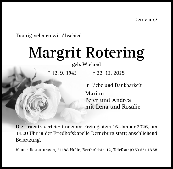 Traueranzeige von Margrit Rotering von Hildesheimer Allgemeine Zeitung
