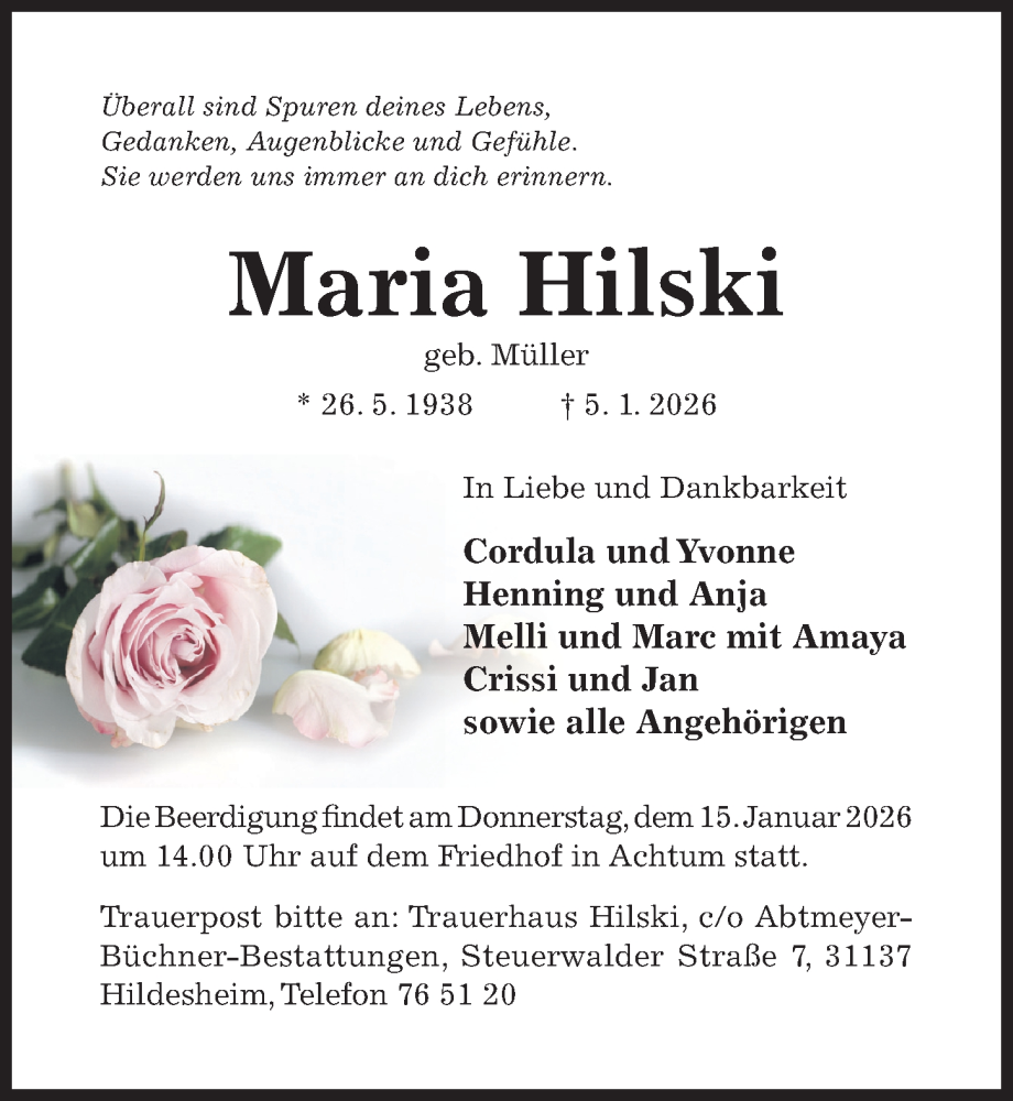  Traueranzeige für Maria Hilski vom 10.01.2026 aus Hildesheimer Allgemeine Zeitung