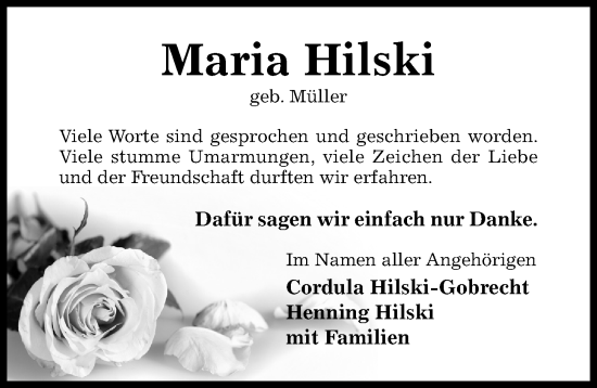 Traueranzeige von Maria Hilski von Hildesheimer Allgemeine Zeitung