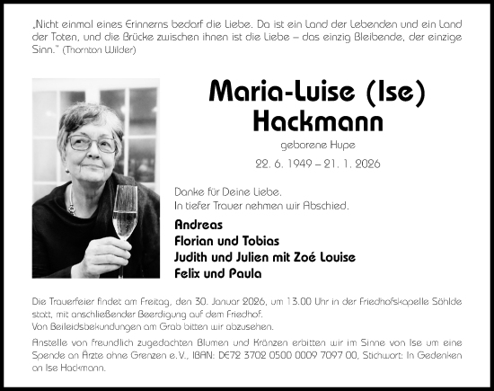 Traueranzeige von Maria-Luise Hackmann von Hildesheimer Allgemeine Zeitung