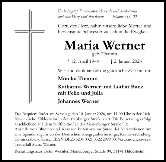 Traueranzeige von Maria Werner von Hildesheimer Allgemeine Zeitung