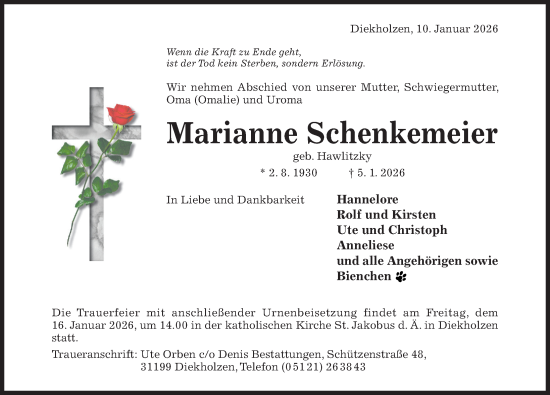 Traueranzeige von Marianne Schenkemeier von Hildesheimer Allgemeine Zeitung