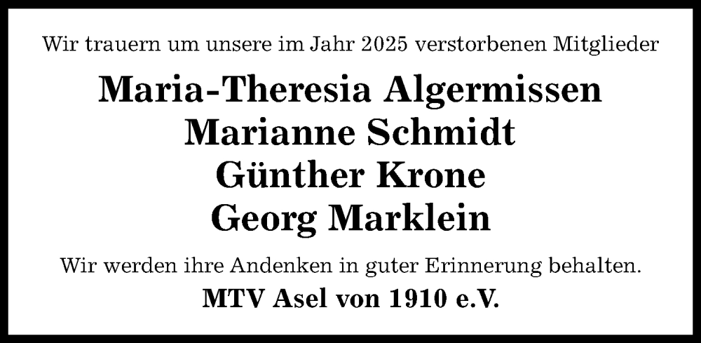  Traueranzeige für Marianne Schmidt vom 03.01.2026 aus Hildesheimer Allgemeine Zeitung