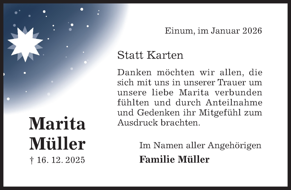  Traueranzeige für Marita Müller vom 21.01.2026 aus Hildesheimer Allgemeine Zeitung