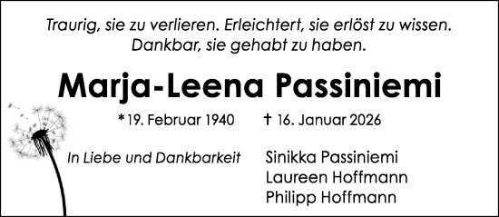 Traueranzeige von Marja-Leena Passiniemi von Hildesheimer Allgemeine Zeitung