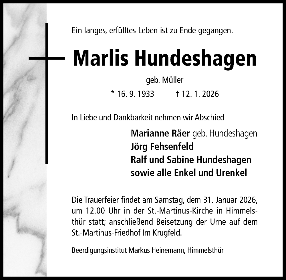 Traueranzeige für Marlis Hundeshagen vom 17.01.2026 aus Hildesheimer Allgemeine Zeitung