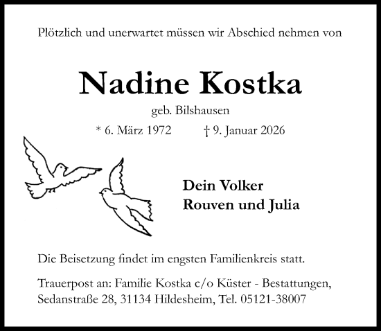Traueranzeige von Nadine Kostka von Hildesheimer Allgemeine Zeitung