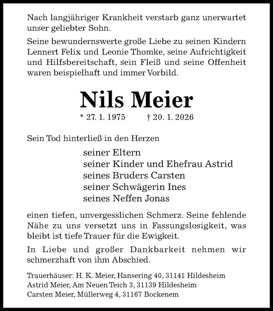 Traueranzeige von Nils Meier von Hildesheimer Allgemeine Zeitung