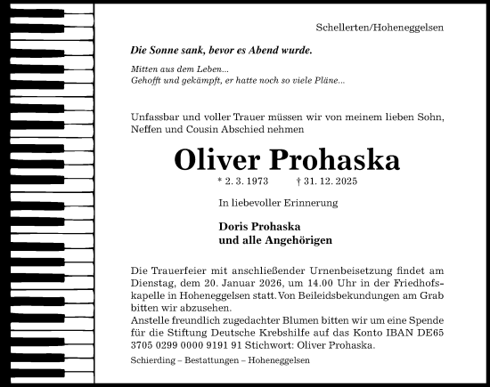 Traueranzeige von Oliver Prohaska von Hildesheimer Allgemeine Zeitung