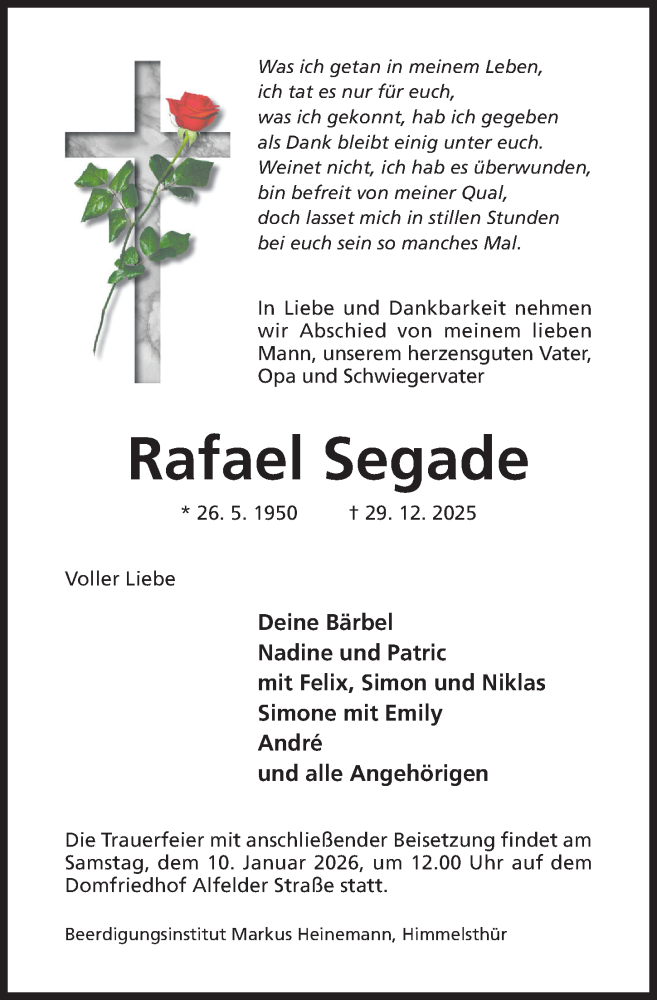  Traueranzeige für Rafael Segade vom 07.01.2026 aus Hildesheimer Allgemeine Zeitung