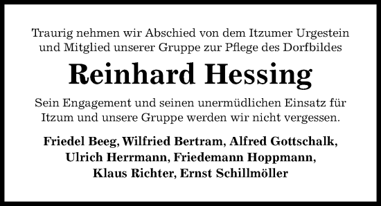 Traueranzeige von Reinhard Hessing von Hildesheimer Allgemeine Zeitung