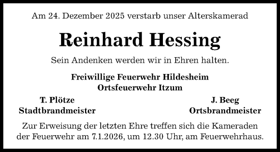 Traueranzeige von Reinhard Hessing von Hildesheimer Allgemeine Zeitung