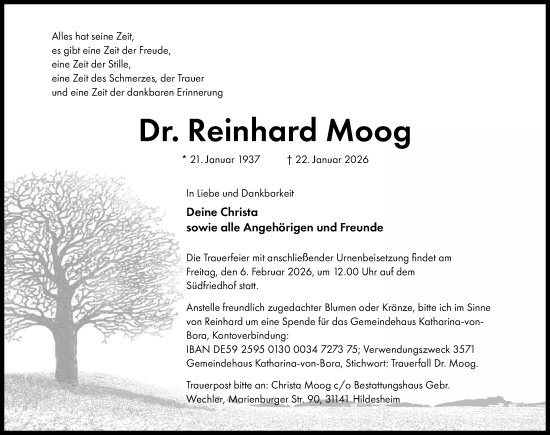 Traueranzeige von Reinhard Moog von Hildesheimer Allgemeine Zeitung