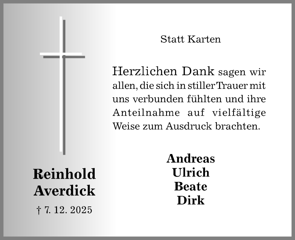  Traueranzeige für Reinhold Averdick vom 14.01.2026 aus Hildesheimer Allgemeine Zeitung
