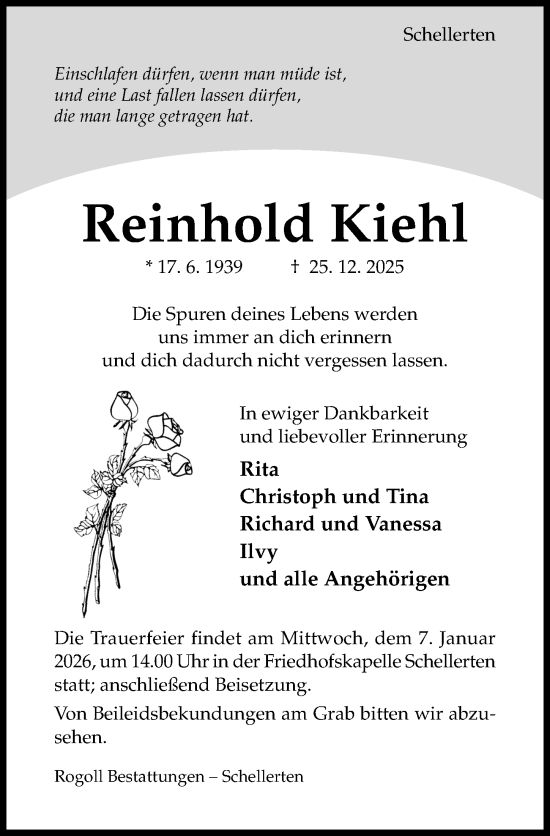 Traueranzeige von Reinhold Kiehl von Hildesheimer Allgemeine Zeitung