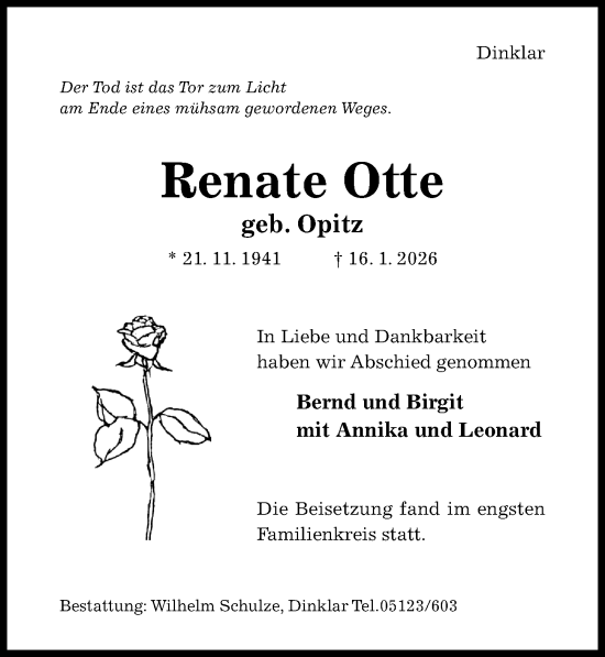 Traueranzeige von Renate Otte von Hildesheimer Allgemeine Zeitung