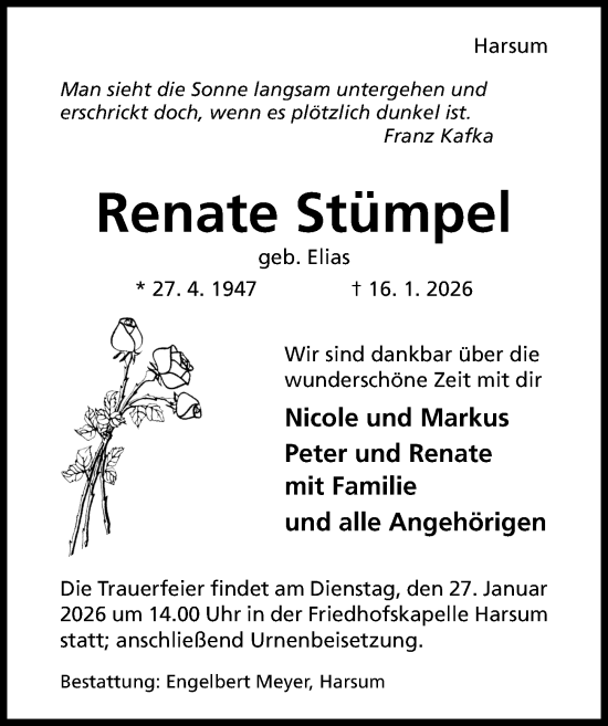 Traueranzeige von Renate Stümpel von Hildesheimer Allgemeine Zeitung