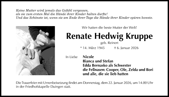 Traueranzeige von Renate Hedwig Kruppe von Hildesheimer Allgemeine Zeitung