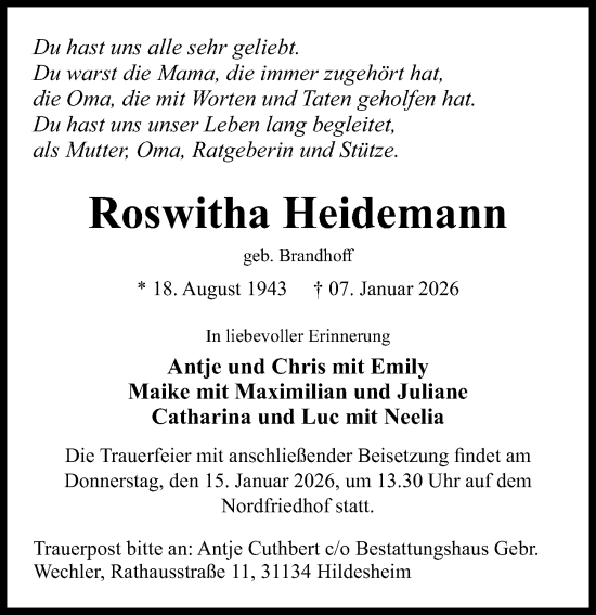 Traueranzeige von Roswitha Heidemann von Hildesheimer Allgemeine Zeitung