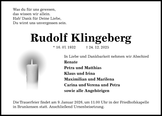 Traueranzeige von Rudolf Klingeberg von Hildesheimer Allgemeine Zeitung