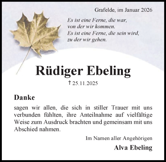 Traueranzeige von Rüdiger Ebeling von Hildesheimer Allgemeine Zeitung