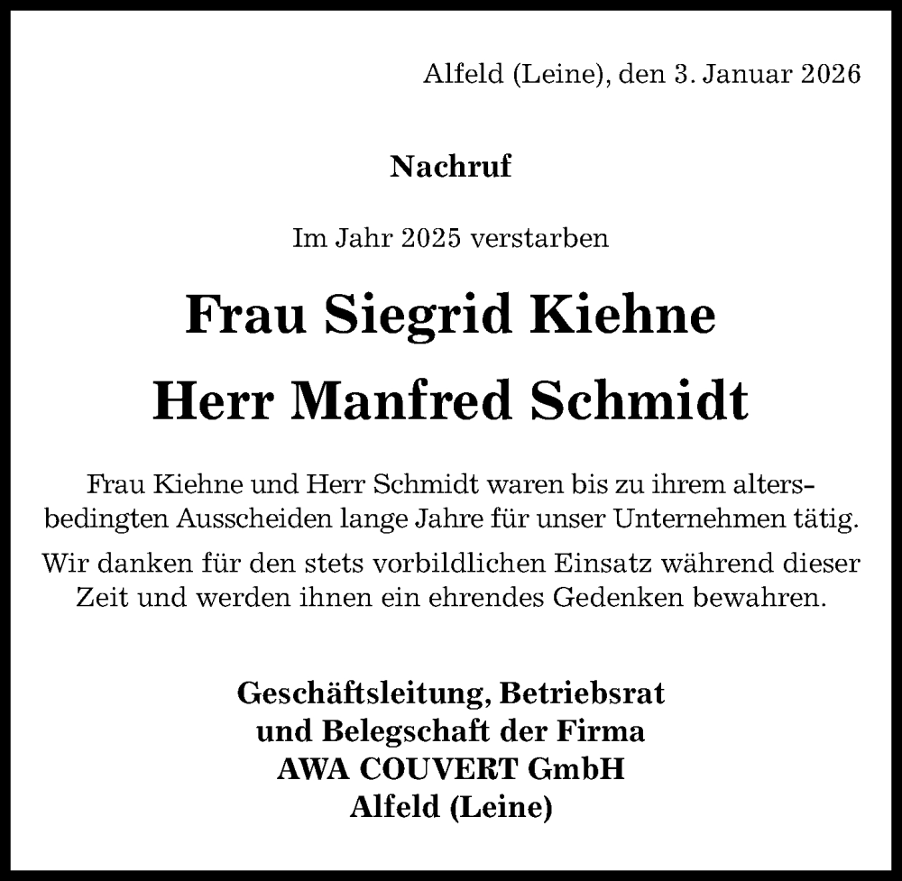  Traueranzeige für Siegrid Kiehne vom 03.01.2026 aus Hildesheimer Allgemeine Zeitung