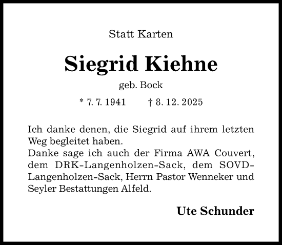 Traueranzeige von Siegrid Kiehne von Hildesheimer Allgemeine Zeitung