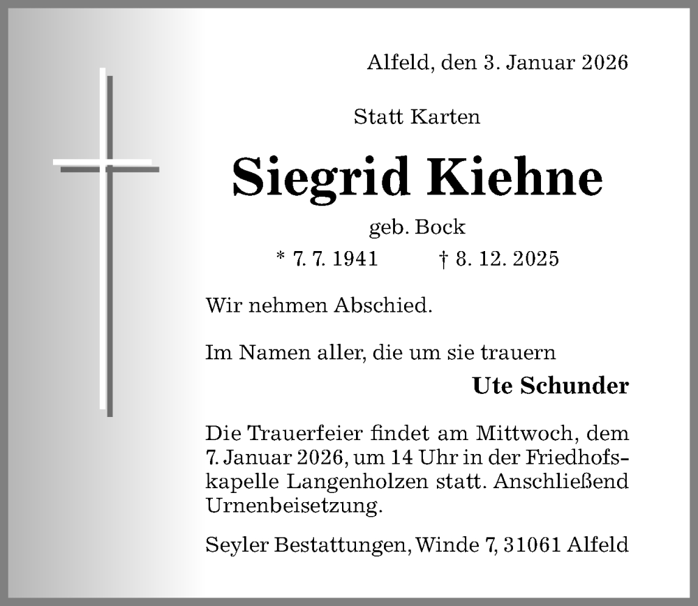  Traueranzeige für Siegrid Kiehne vom 03.01.2026 aus Hildesheimer Allgemeine Zeitung