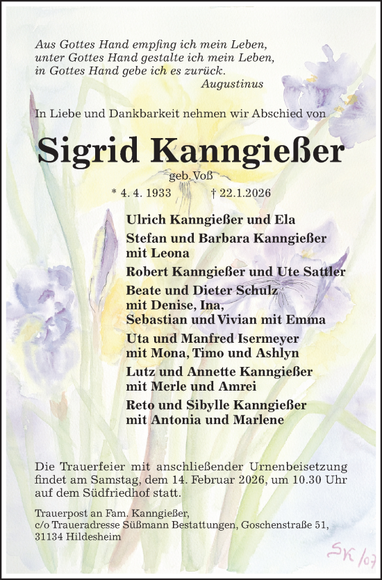 Traueranzeige von Sigrid Kanngießer von Hildesheimer Allgemeine Zeitung