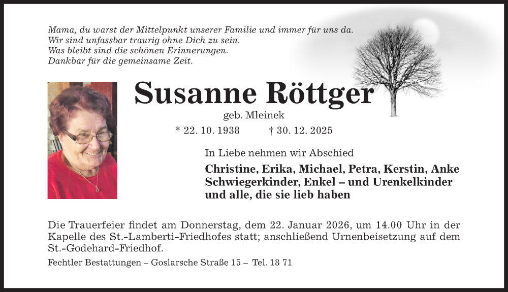  Traueranzeige für Susanne Röttger vom 14.01.2026 aus Hildesheimer Allgemeine Zeitung