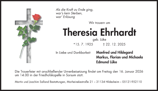Traueranzeige von Theresia Ehrhardt von Hildesheimer Allgemeine Zeitung